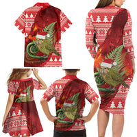 New Zealand Kakapo Christmas In July Family Matching Long Sleeve Bodycon Dress and Hawaiian Shirt Silver Fern Santa Xmas Red Color LT22 - Polynesian Pride