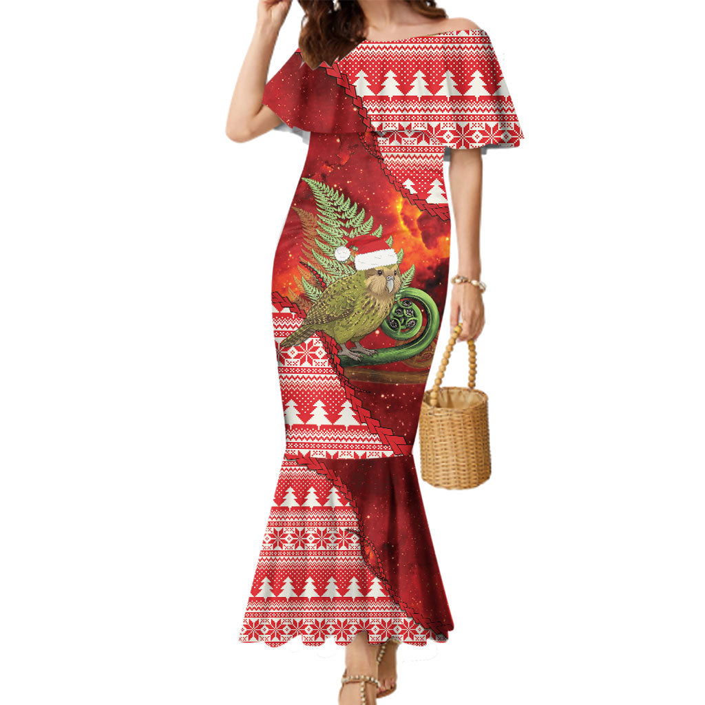 New Zealand Kakapo Christmas In July Family Matching Mermaid Dress and Hawaiian Shirt Silver Fern Santa Xmas Red Color LT22 Mom's Dress Red - Polynesian Pride