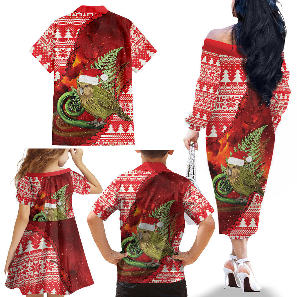 New Zealand Kakapo Christmas In July Family Matching Off The Shoulder Long Sleeve Dress and Hawaiian Shirt Silver Fern Santa Xmas Red Color LT22 - Polynesian Pride