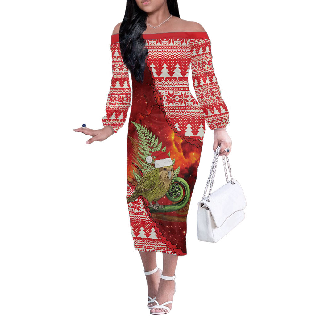 New Zealand Kakapo Christmas In July Family Matching Off The Shoulder Long Sleeve Dress and Hawaiian Shirt Silver Fern Santa Xmas Red Color LT22 Mom's Dress Red - Polynesian Pride