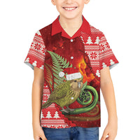 New Zealand Kakapo Christmas In July Family Matching Off The Shoulder Long Sleeve Dress and Hawaiian Shirt Silver Fern Santa Xmas Red Color LT22 Son's Shirt Red - Polynesian Pride