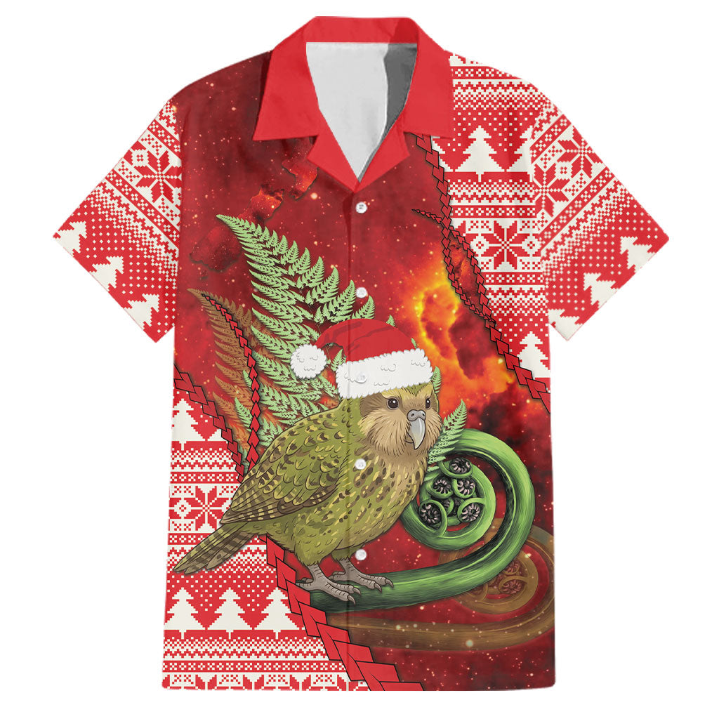 New Zealand Kakapo Christmas In July Family Matching Off Shoulder Short Dress and Hawaiian Shirt Silver Fern Santa Xmas Red Color