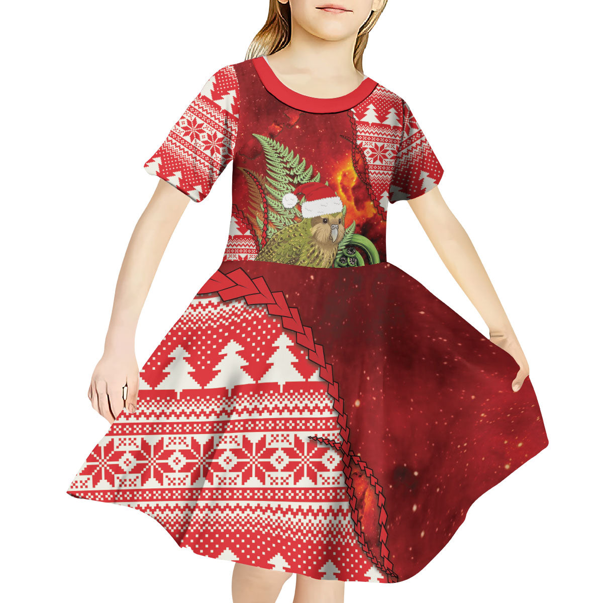 New Zealand Kakapo Christmas In July Kid Short Sleeve Dress Silver Fern Santa Xmas Red Color LT22 - Polynesian Pride