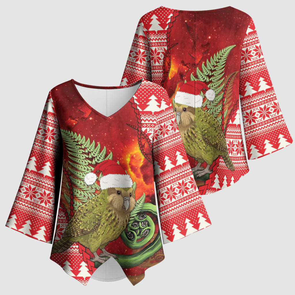 New Zealand Kakapo Christmas In July Kimono Sleeve Blouse Silver Fern Santa Xmas Red Color