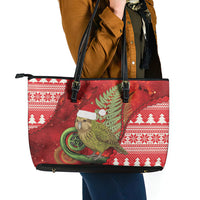 New Zealand Kakapo Christmas In July Leather Tote Bag Silver Fern Santa Xmas Red Color