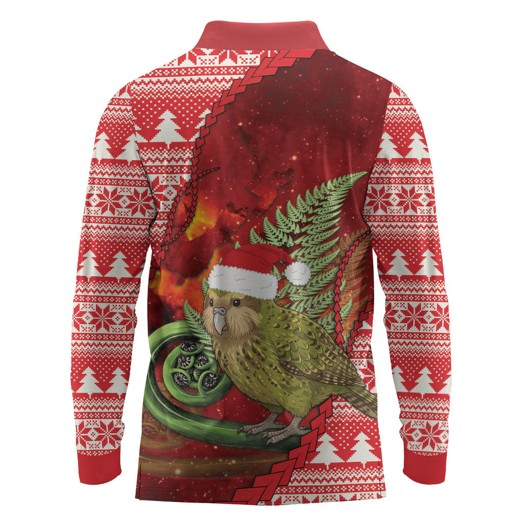 New Zealand Kakapo Christmas In July Long Sleeve Polo Shirt Silver Fern Santa Xmas Red Color LT22 - Polynesian Pride