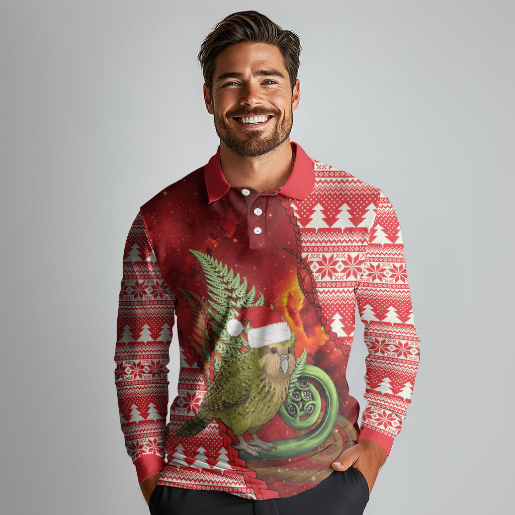 New Zealand Kakapo Christmas In July Long Sleeve Polo Shirt Silver Fern Santa Xmas Red Color LT22 - Polynesian Pride