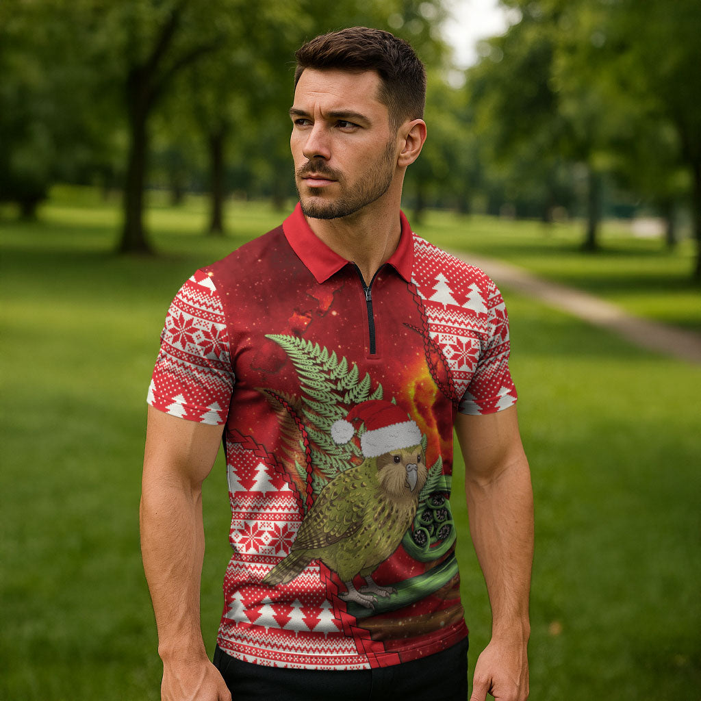 New Zealand Kakapo Christmas In July Zipper Polo Shirt Silver Fern Santa Xmas Red Color LT22 - Polynesian Pride
