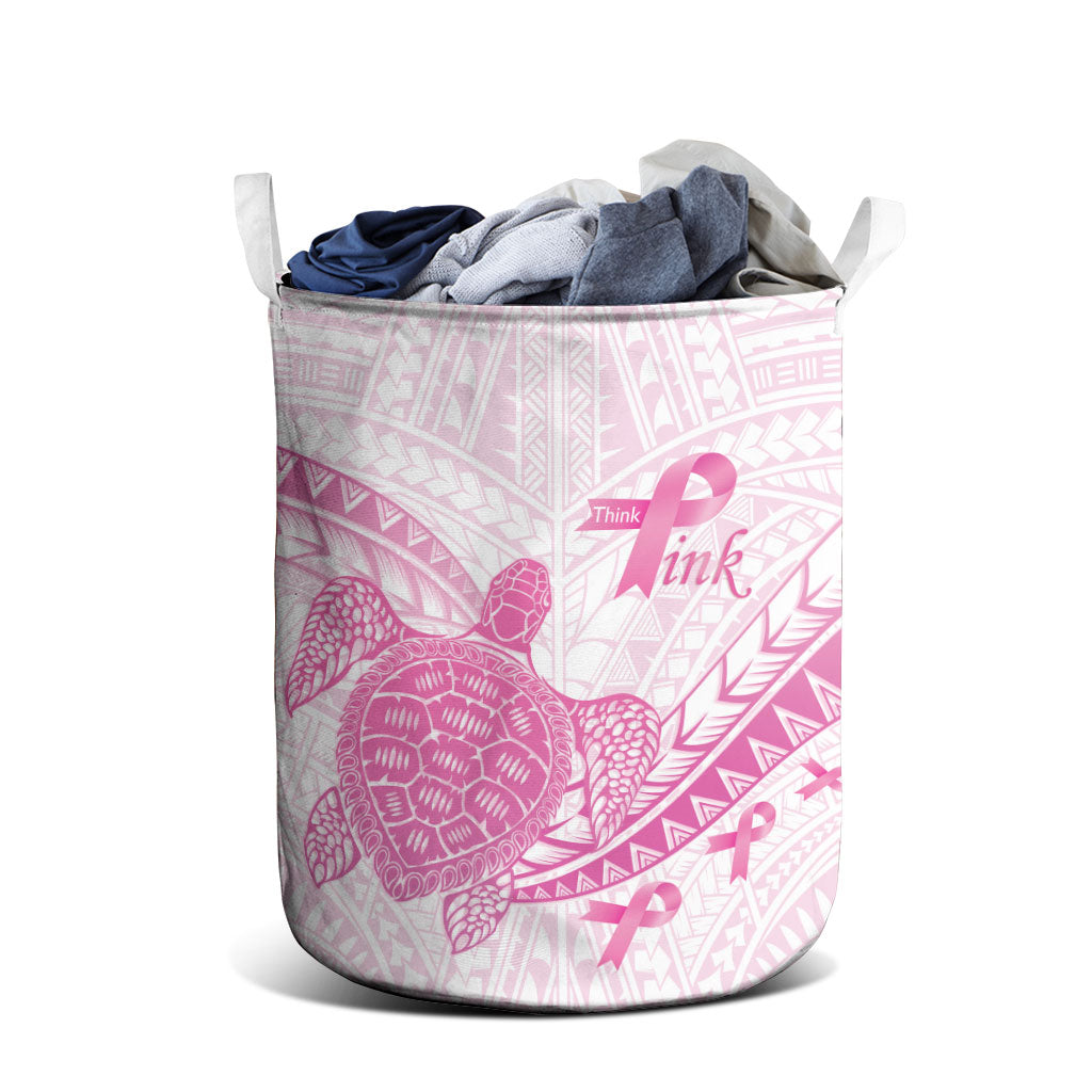 Breast Cancer Awareness Laundry Basket Pink Ribbon Turtle Polynesian Pattern White