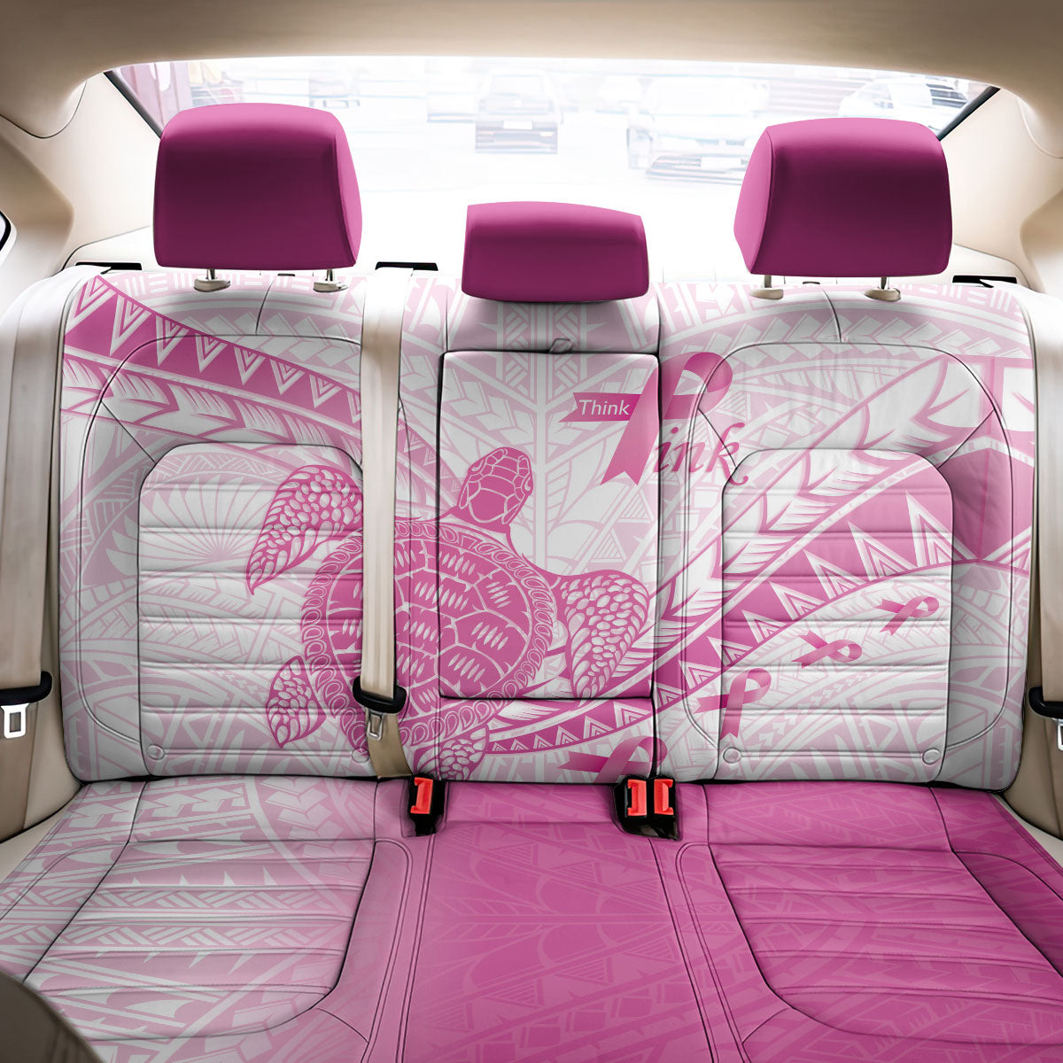 Breast Cancer Awareness Back Car Seat Cover Pink Ribbon Turtle Polynesian Pattern White