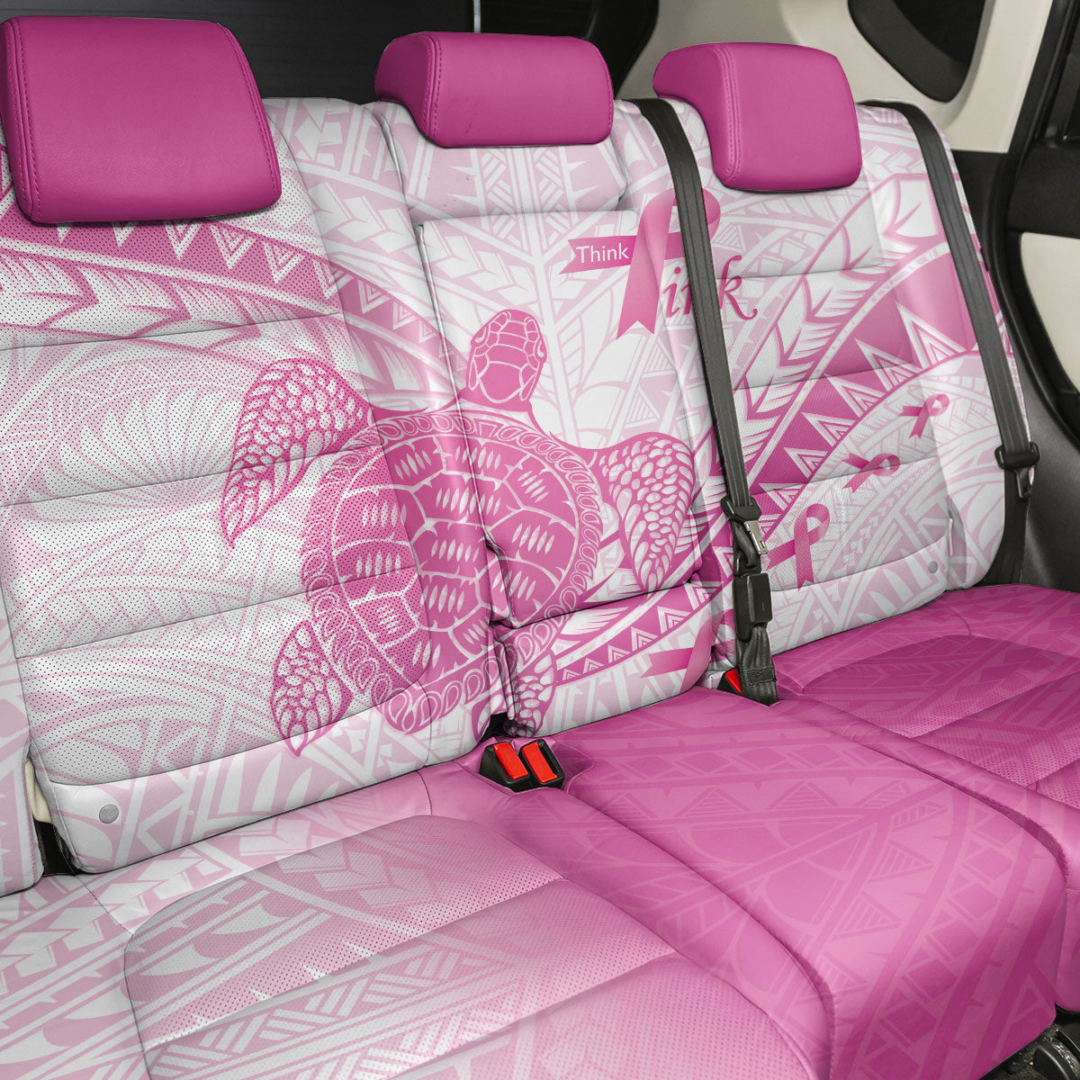 Breast Cancer Awareness Back Car Seat Cover Pink Ribbon Turtle Polynesian Pattern White