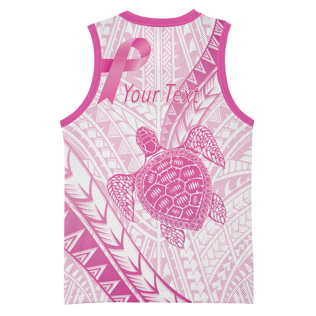 Breast Cancer Awareness Personalised Basketball Jersey Pink Ribbon Turtle Polynesian Pattern White