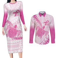Breast Cancer Awareness Personalised Couples Matching Long Sleeve Bodycon Dress and Long Sleeve Button Shirt Pink Ribbon Turtle Polynesian Pattern White