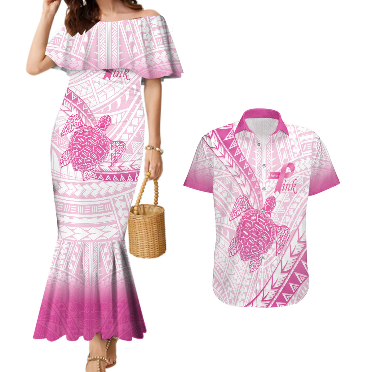 Breast Cancer Awareness Personalised Couples Matching Mermaid Dress and Hawaiian Shirt Pink Ribbon Turtle Polynesian Pattern White