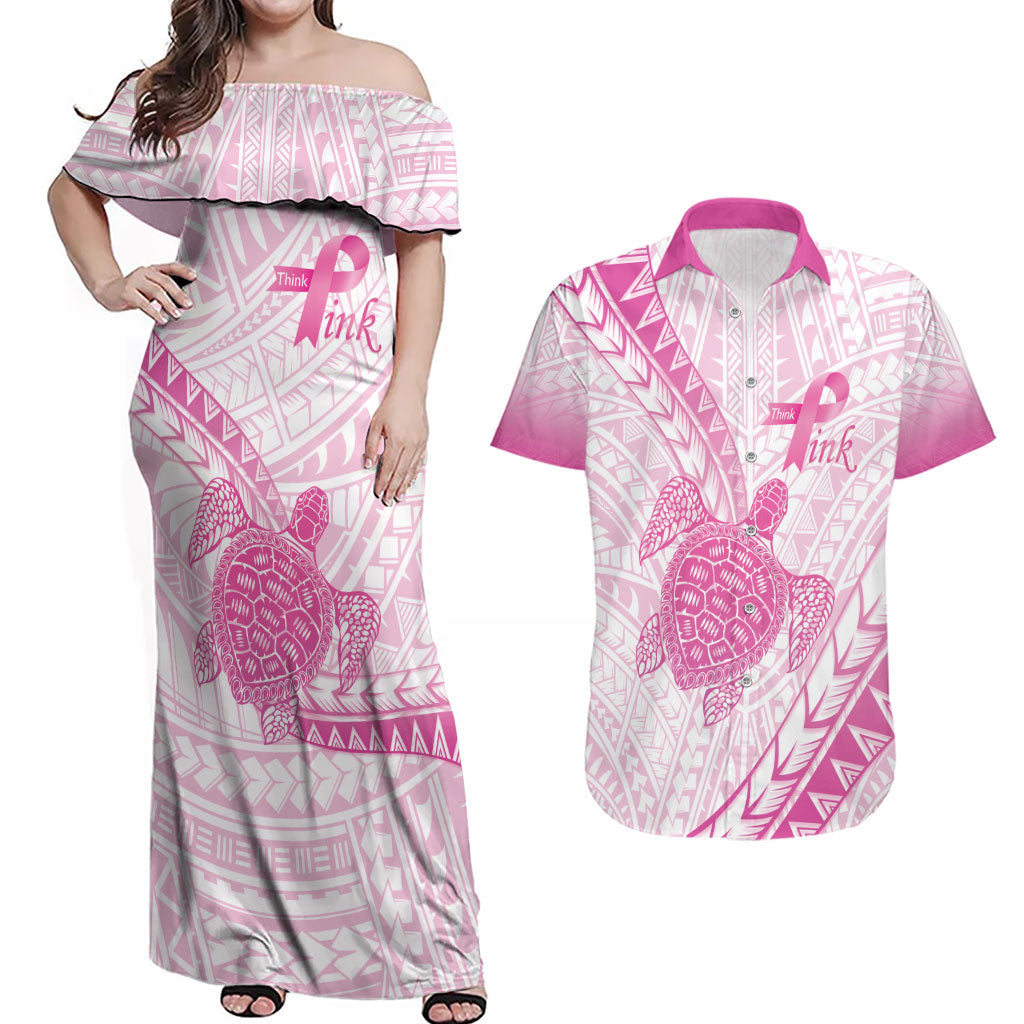 Breast Cancer Awareness Personalised Couples Matching Off Shoulder Maxi Dress and Hawaiian Shirt Pink Ribbon Turtle Polynesian Pattern White