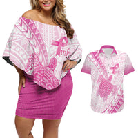 Breast Cancer Awareness Personalised Couples Matching Off Shoulder Short Dress and Hawaiian Shirt Pink Ribbon Turtle Polynesian Pattern White