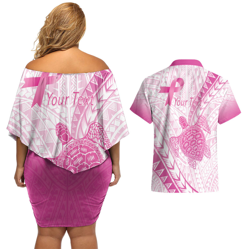 Breast Cancer Awareness Personalised Couples Matching Off Shoulder Short Dress and Hawaiian Shirt Pink Ribbon Turtle Polynesian Pattern White