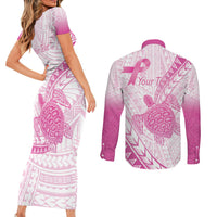 Breast Cancer Awareness Personalised Couples Matching Short Sleeve Bodycon Dress and Long Sleeve Button Shirt Pink Ribbon Turtle Polynesian Pattern White