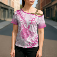Breast Cancer Awareness Personalised Cross Shoulder Shirt Pink Ribbon Turtle Polynesian Pattern White