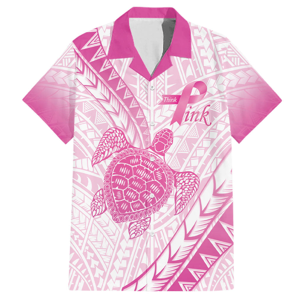 Breast Cancer Awareness Personalised Family Matching Long Sleeve Bodycon Dress and Hawaiian Shirt Pink Ribbon Turtle Polynesian Pattern White LT22 Dad's Shirt - Short Sleeve Pink - Polynesian Pride