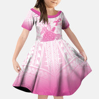 Breast Cancer Awareness Personalised Family Matching Off The Shoulder Long Sleeve Dress and Hawaiian Shirt Pink Ribbon Turtle Polynesian Pattern White LT22 Daughter's Dress Pink - Polynesian Pride