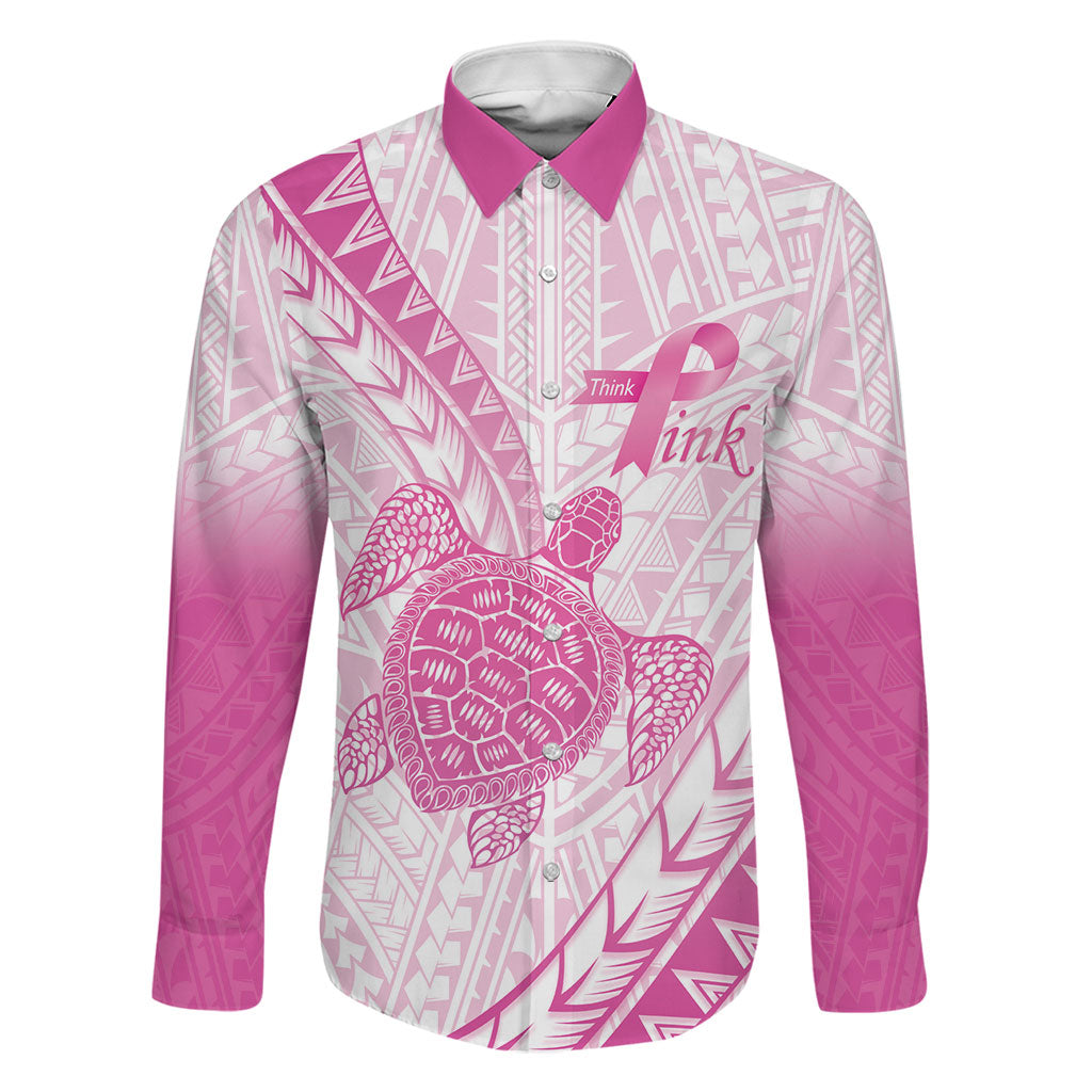 Breast Cancer Awareness Personalised Family Matching Off Shoulder Maxi Dress and Hawaiian Shirt Pink Ribbon Turtle Polynesian Pattern White LT22 Dad's Shirt - Long Sleeve Pink - Polynesian Pride