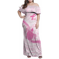 Breast Cancer Awareness Personalised Family Matching Off Shoulder Maxi Dress and Hawaiian Shirt Pink Ribbon Turtle Polynesian Pattern White LT22 Mom's Dress Pink - Polynesian Pride