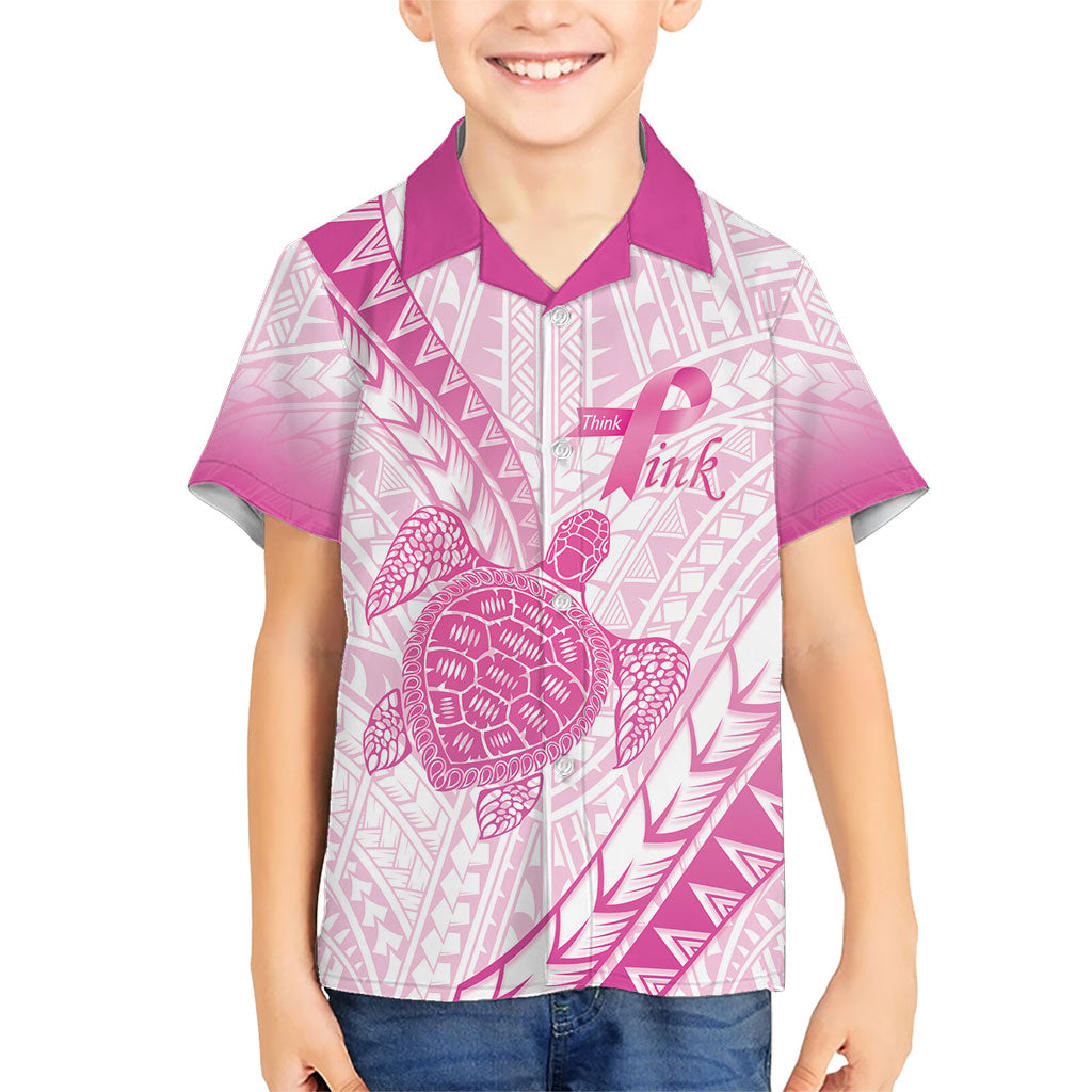 Breast Cancer Awareness Personalised Family Matching Off Shoulder Maxi Dress and Hawaiian Shirt Pink Ribbon Turtle Polynesian Pattern White LT22 Son's Shirt Pink - Polynesian Pride