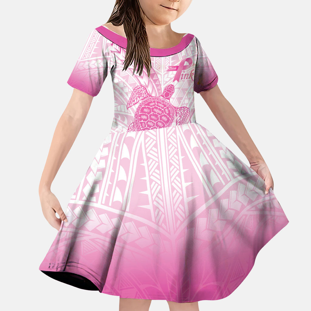Breast Cancer Awareness Personalised Family Matching Short Sleeve Bodycon Dress and Hawaiian Shirt Pink Ribbon Turtle Polynesian Pattern White LT22 Daughter's Dress Pink - Polynesian Pride