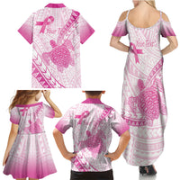 Breast Cancer Awareness Personalised Family Matching Summer Maxi Dress and Hawaiian Shirt Pink Ribbon Turtle Polynesian Pattern White LT22 - Polynesian Pride