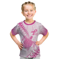 Breast Cancer Awareness Personalised Kid T Shirt Pink Ribbon Turtle Polynesian Pattern White