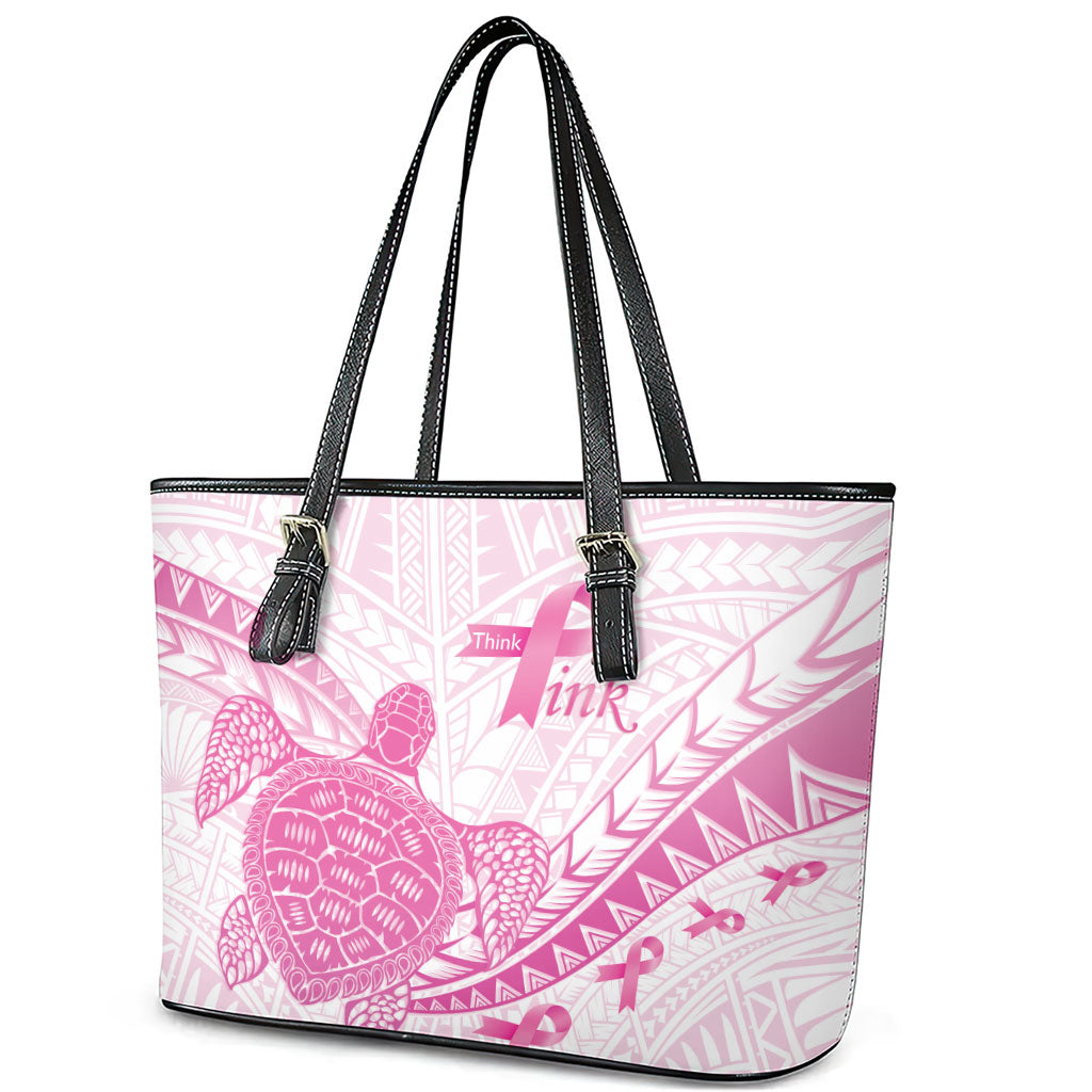 Breast Cancer Awareness Leather Tote Bag Pink Ribbon Turtle Polynesian Pattern White