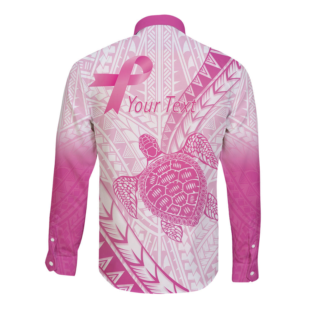 Breast Cancer Awareness Personalised Long Sleeve Button Shirt Pink Ribbon Turtle Polynesian Pattern White