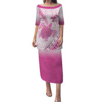 Breast Cancer Awareness Personalised Puletasi Pink Ribbon Turtle Polynesian Pattern White LT22 Long Dress Pink - Polynesian Pride