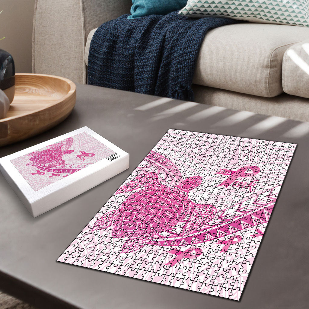 Breast Cancer Awareness Puzzle Pink Ribbon Turtle Polynesian Pattern White LT22 - Polynesian Pride