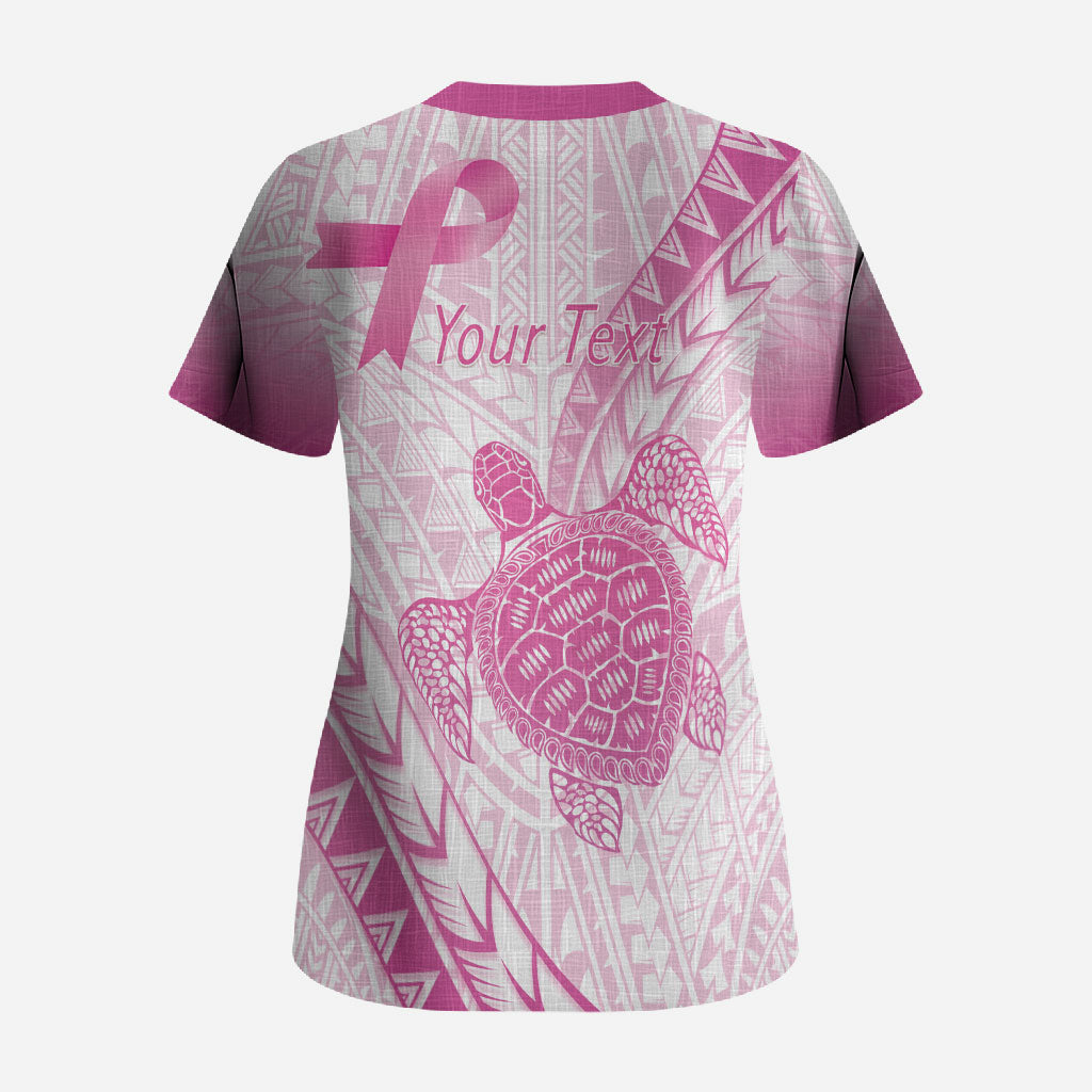 Breast Cancer Awareness Personalised Scrub Top Pink Ribbon Turtle Polynesian Pattern White
