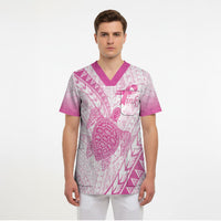 Breast Cancer Awareness Personalised Scrub Top Pink Ribbon Turtle Polynesian Pattern White