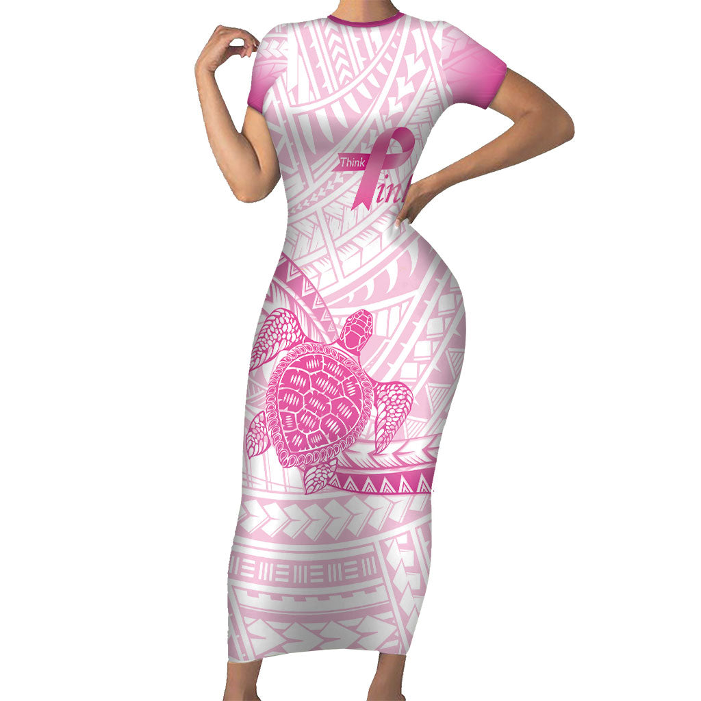 Breast Cancer Awareness Personalised Short Sleeve Bodycon Dress Pink Ribbon Turtle Polynesian Pattern White