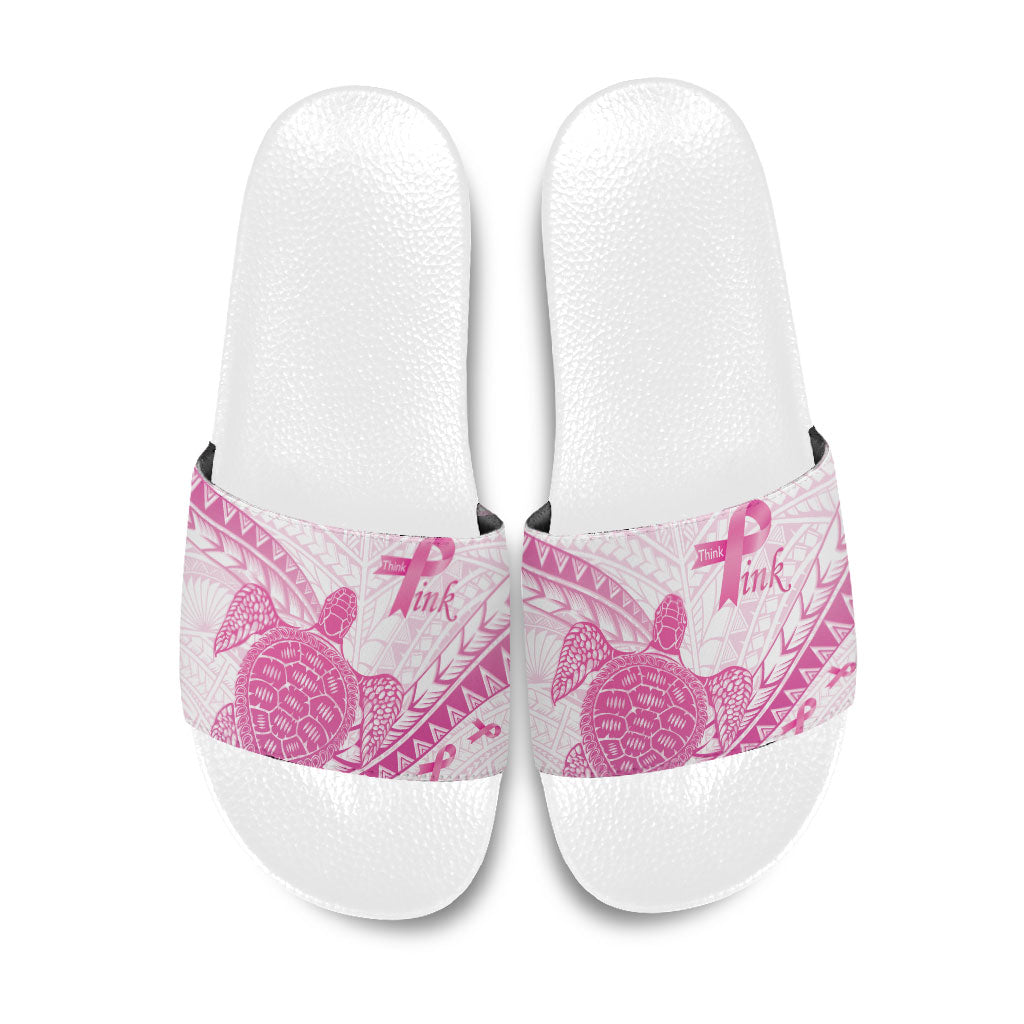 Breast Cancer Awareness Slide Sandals Pink Ribbon Turtle Polynesian Pattern White