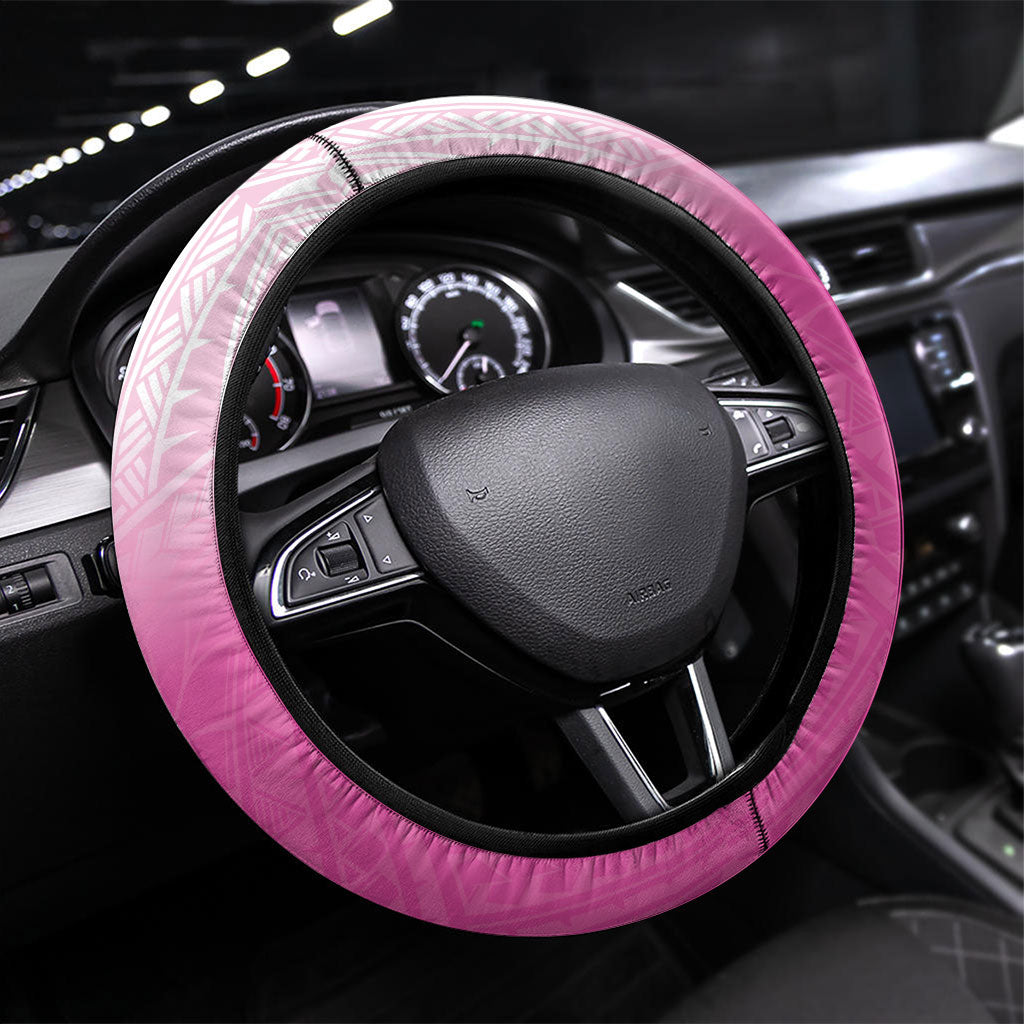 Breast Cancer Awareness Steering Wheel Cover Pink Ribbon Turtle Polynesian Pattern White