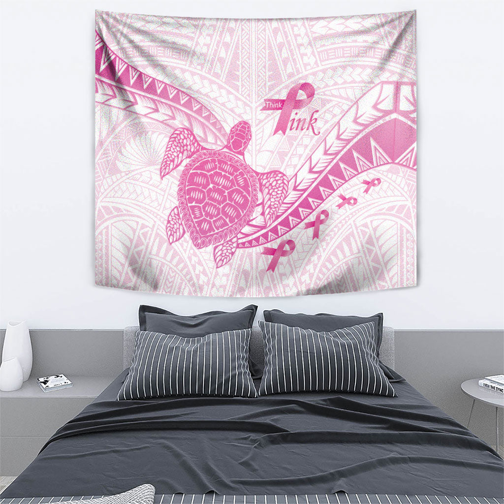 Breast Cancer Awareness Tapestry Pink Ribbon Turtle Polynesian Pattern White