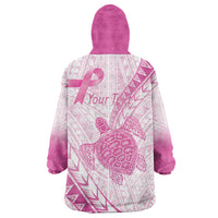 Breast Cancer Awareness Personalised Wearable Blanket Hoodie Pink Ribbon Turtle Polynesian Pattern White
