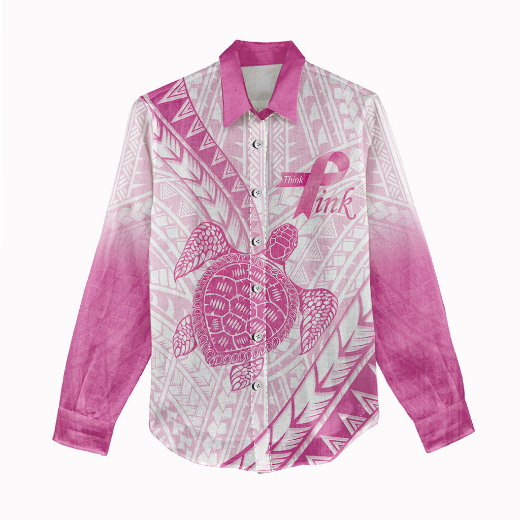 Breast Cancer Awareness Personalised Women Casual Shirt Pink Ribbon Turtle Polynesian Pattern White