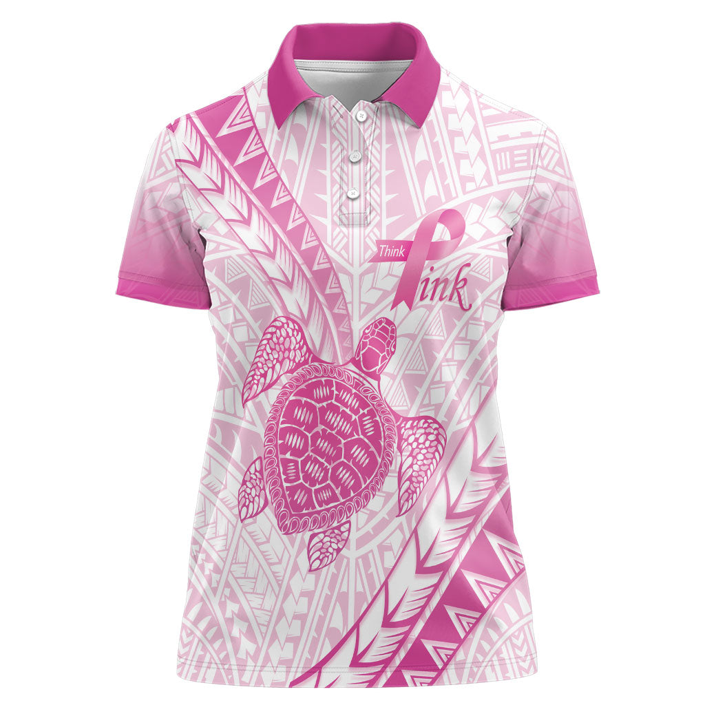 Breast Cancer Awareness Personalised Women Polo Shirt Pink Ribbon Turtle Polynesian Pattern White