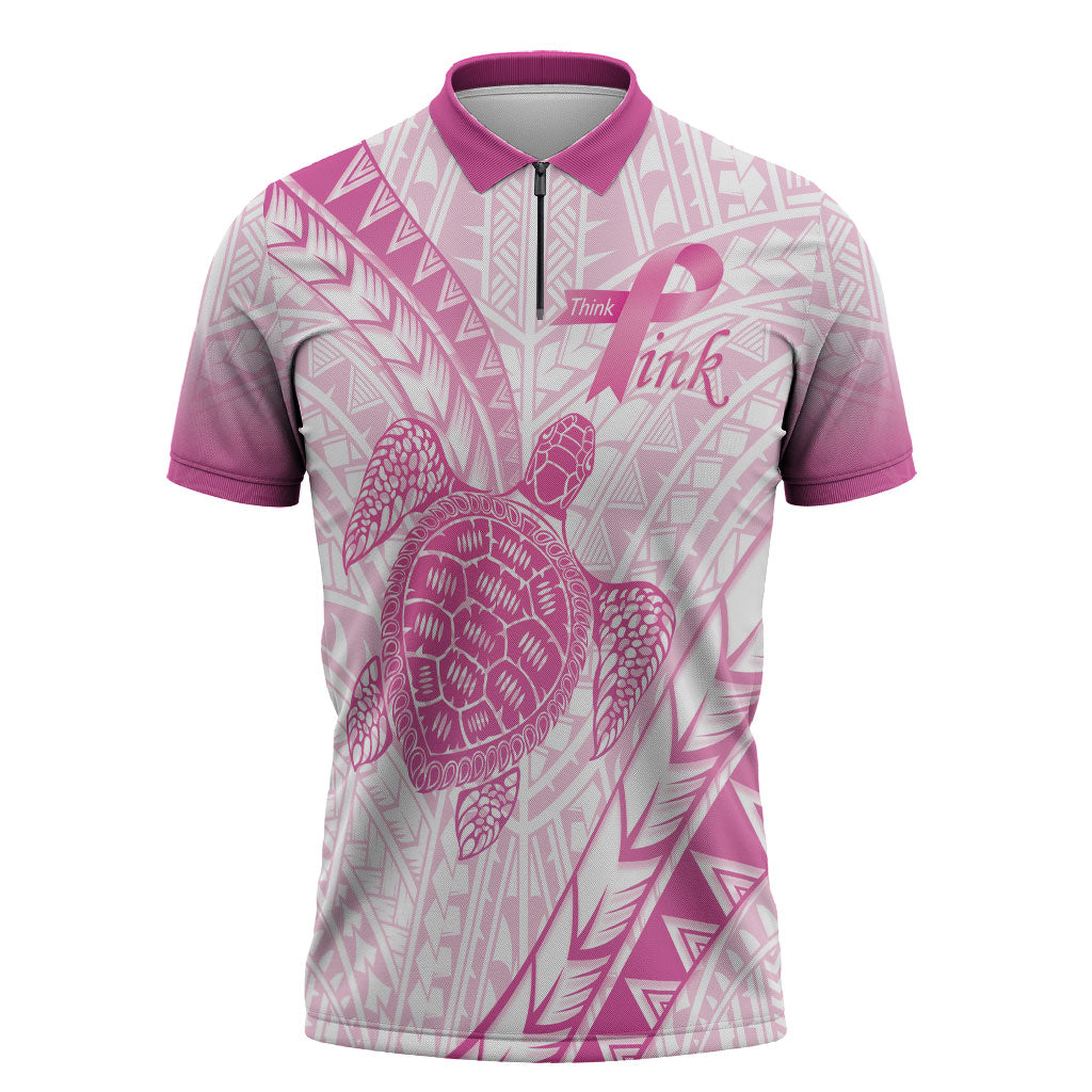 Breast Cancer Awareness Personalised Zipper Polo Shirt Pink Ribbon Turtle Polynesian Pattern White
