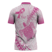 Breast Cancer Awareness Personalised Zipper Polo Shirt Pink Ribbon Turtle Polynesian Pattern White