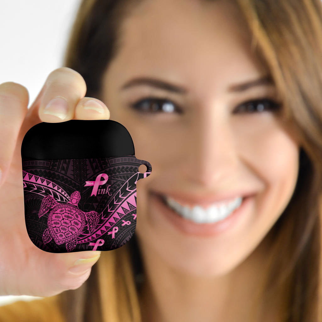 Breast Cancer Awareness AirPods Case Pink Ribbon Turtle Polynesian Pattern Black LT22 - Polynesian Pride