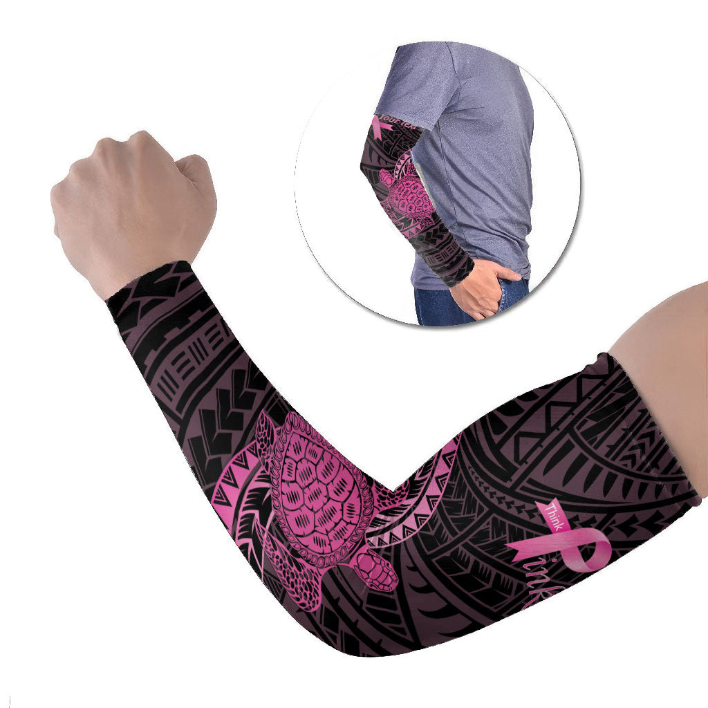 Breast Cancer Awareness Personalised Arm Sleeves Pink Ribbon Turtle Polynesian Pattern Black