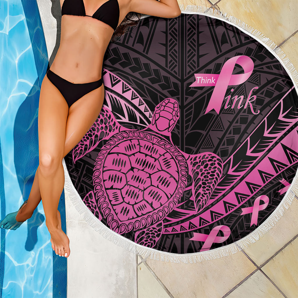 Breast Cancer Awareness Beach Blanket Pink Ribbon Turtle Polynesian Pattern Black