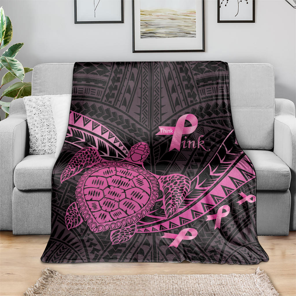 Breast Cancer Awareness Blanket Pink Ribbon Turtle Polynesian Pattern Black